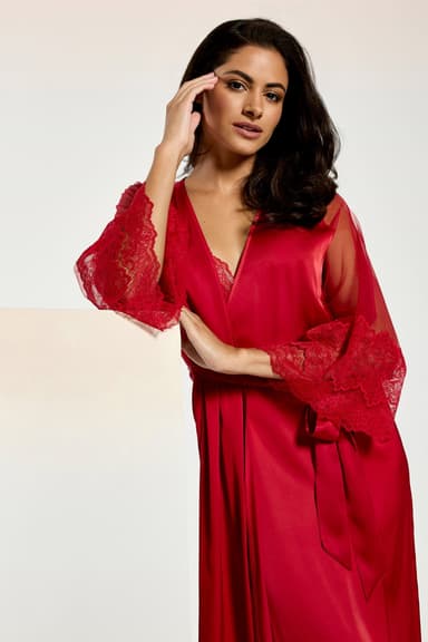 Long Satin Robe with Lace Sleeves