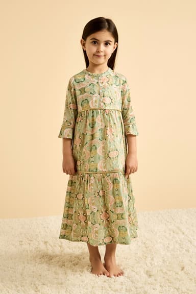 Girls layered printed dress with front buttons