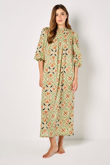 Long Printed Dress with Smocking on Chest