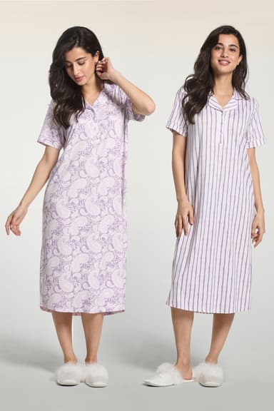 2-Pack Printed Night Dresses with Collar & Short Sleeves