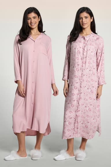 2-Pack Printed Night Dresses with Shirt Collar and Front Buttons