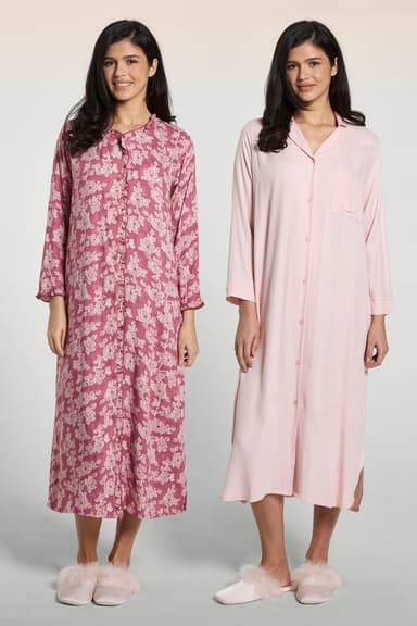 2-Pack Floral Printed Night Dresses with Shirt Collar and Front Buttons