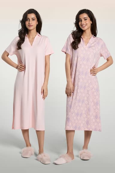 2-Pack Printed Night Dresses with V-Neck Collar and Short Sleeves