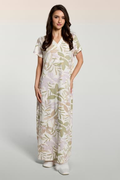 Printed Long Nightdress with Tropical Leaf Pattern