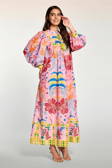 Long Printed Kaftan with Leaf Pattern